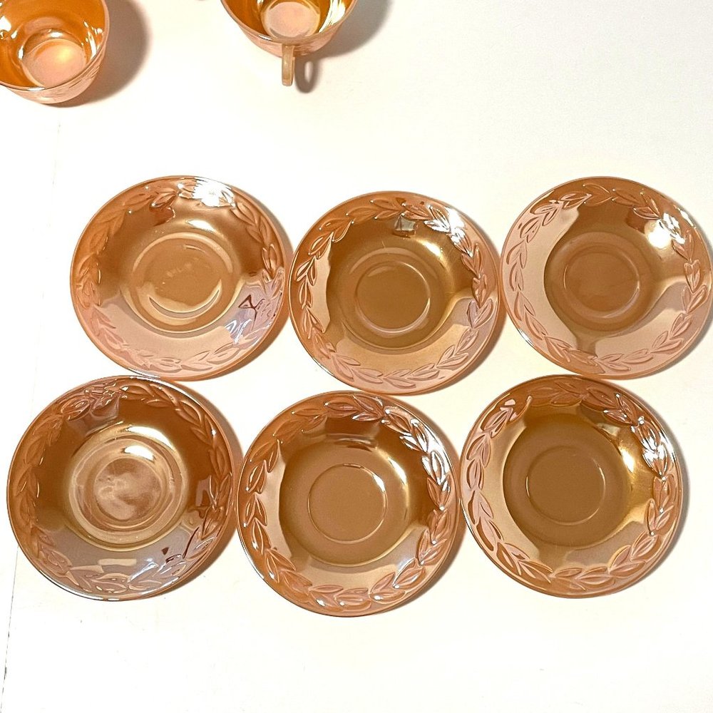 Vintage Fire King Peach Lustre Laurel Leaf Iridescent Cups and Saucers Set of 5 - Picture 4 of 16